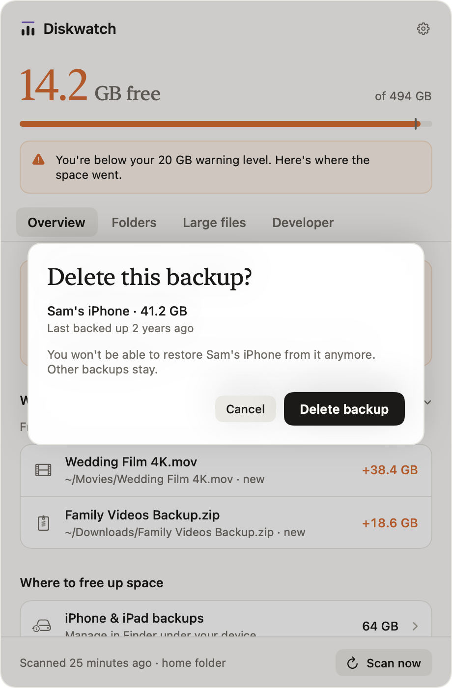 Confirmation before deleting an old iPhone backup