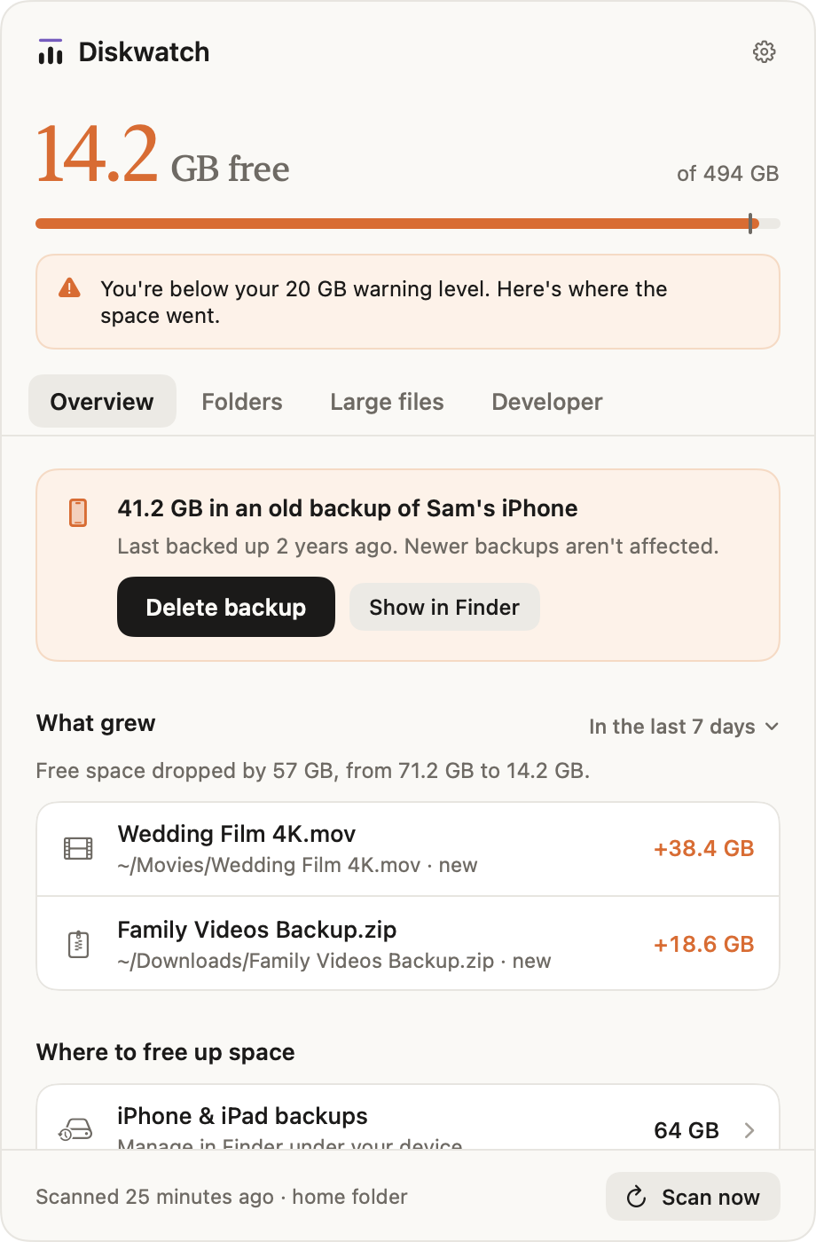 Diskwatch warning that free space is below 20 GB